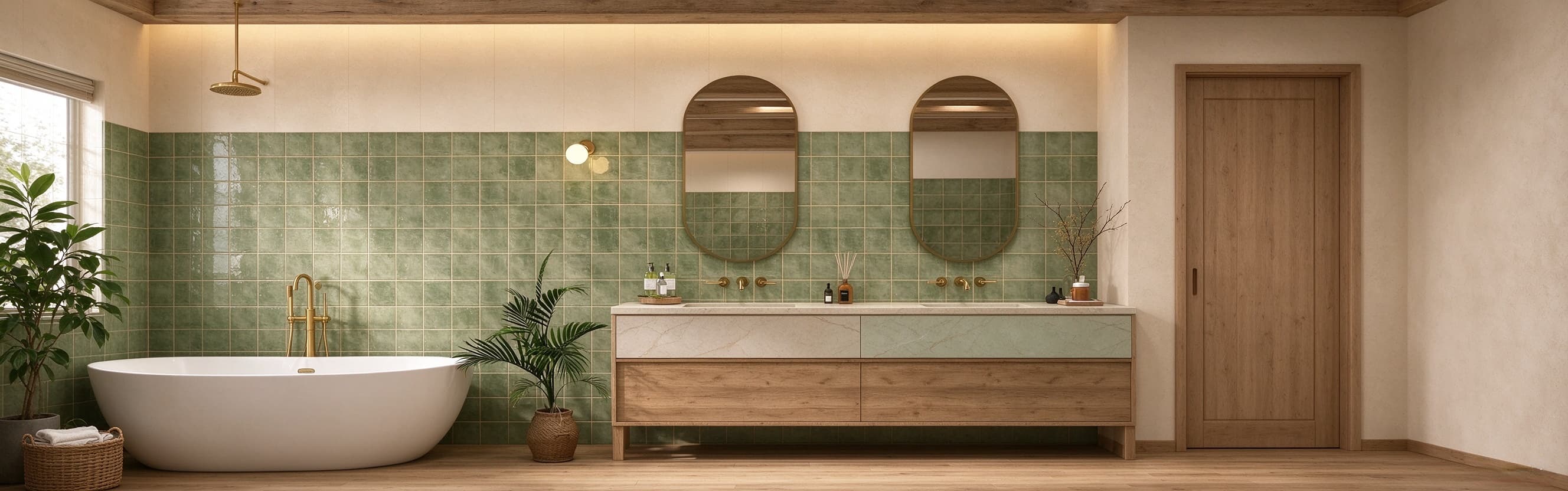 Bathroom with green tiled walls, a freestanding bathtub and double oval mirrors