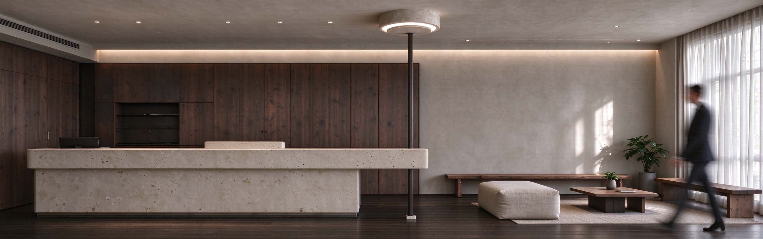 Hotel reception desk in travertine with dark wood cabinetry