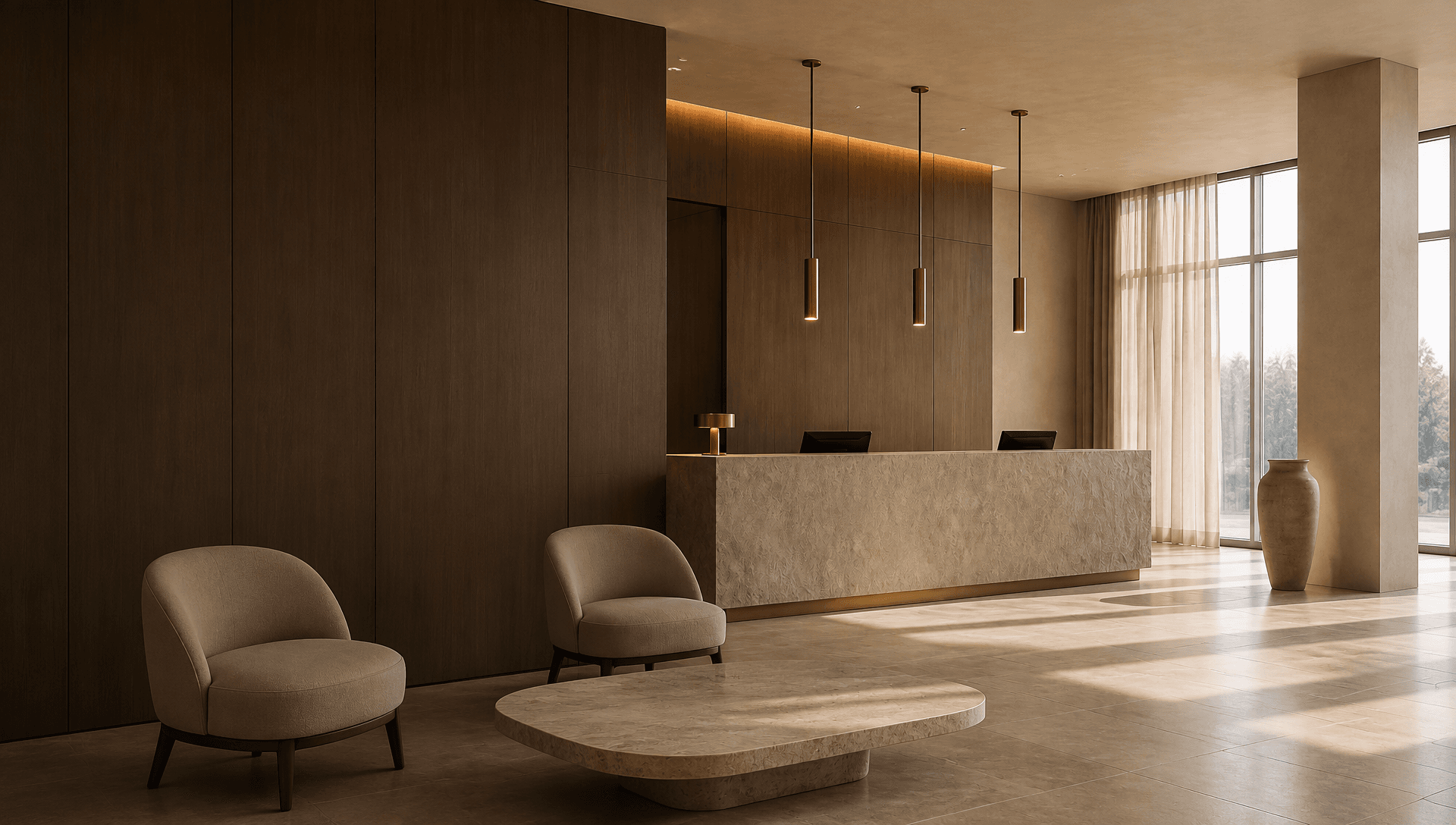 Hotel lobby reception with a travertine desk and wood panelling
