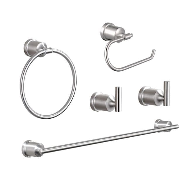 Chrome bathroom accessory set with towel bar, towel ring, hooks and paper holder