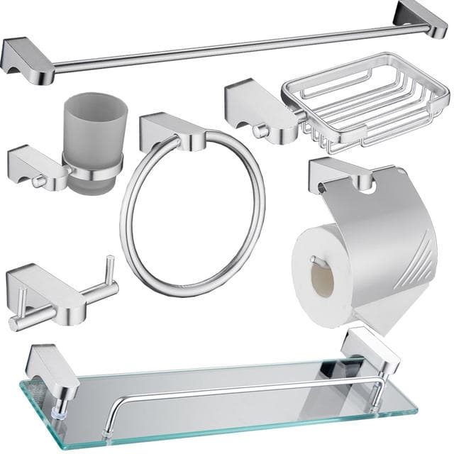 Six-piece bathroom accessory set in brushed steel with shelf and toilet brush holder