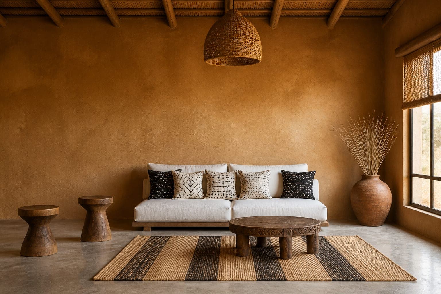 Living room with mud cloth cushions and woven rugs