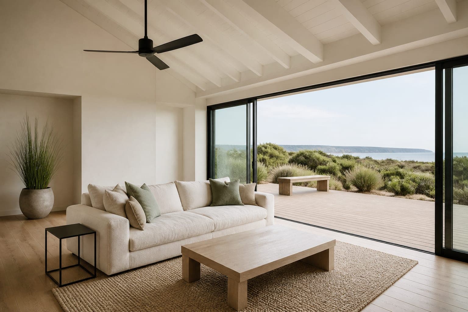 Living room in contemporary coastal style, doors open to the terrace