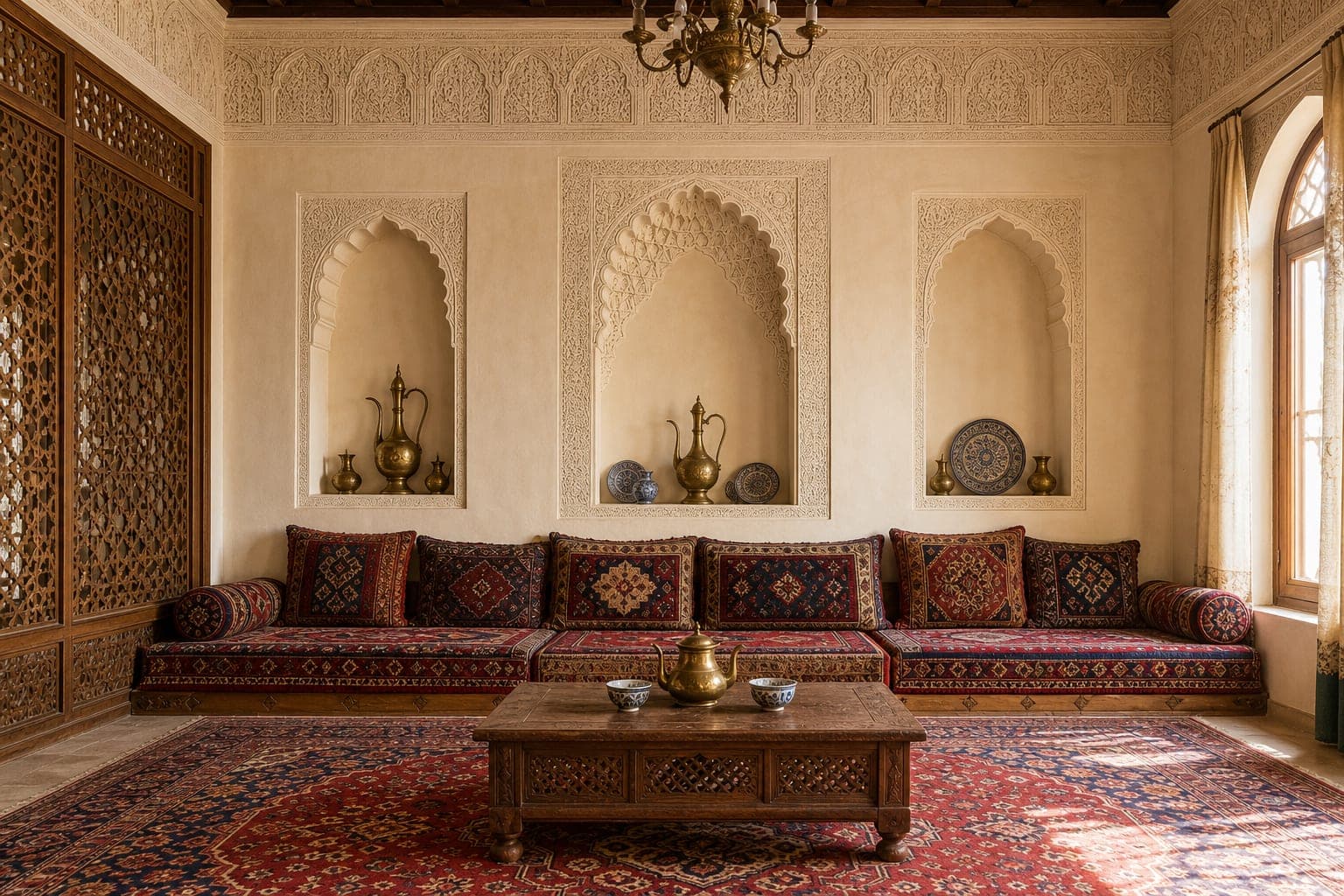 Living room in traditional style with carved arched niches