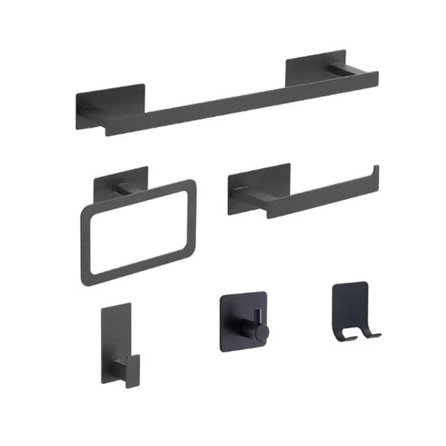 Matte black drill-free bathroom accessory set with adhesive mounting