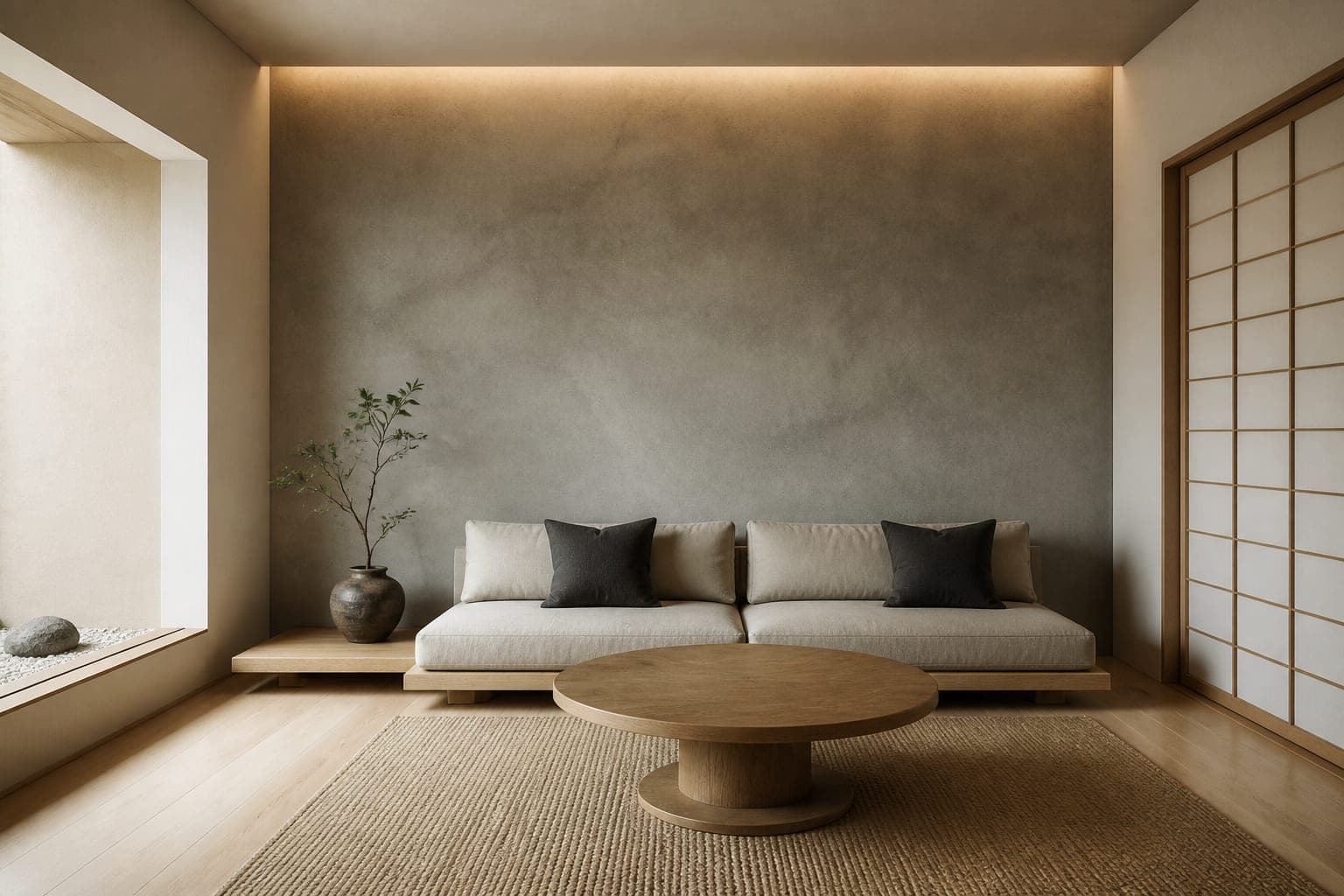 Living room in Japanese wabi-sabi style