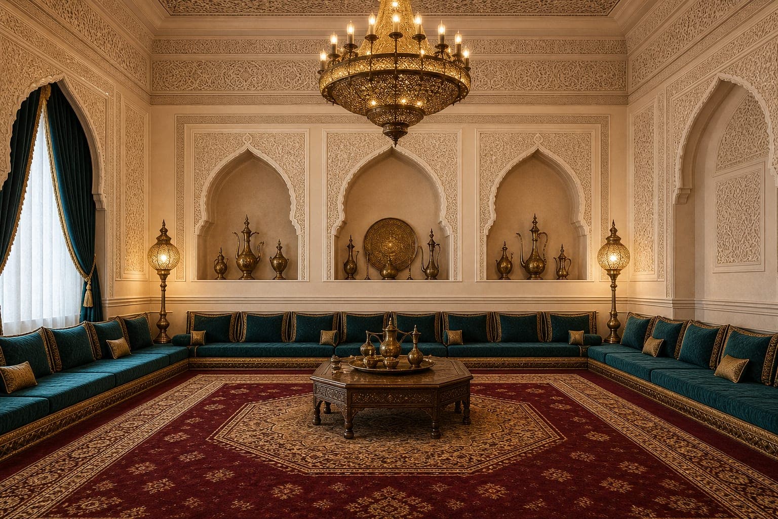 Majlis reception room with wall seating and arch niches