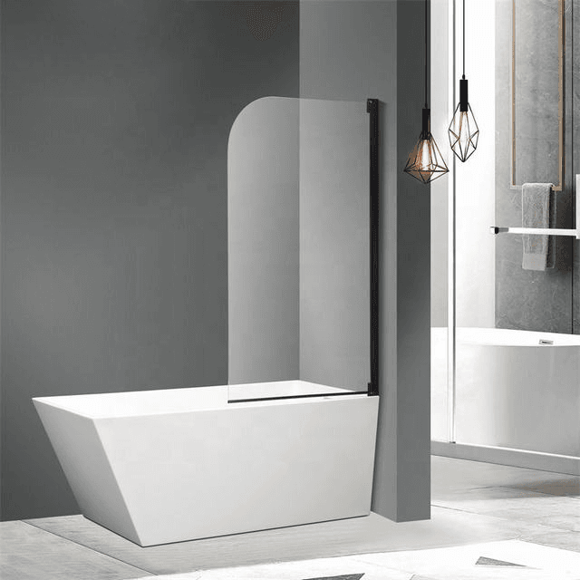 Over bathtub shower screen with pivot glass panel and black frame