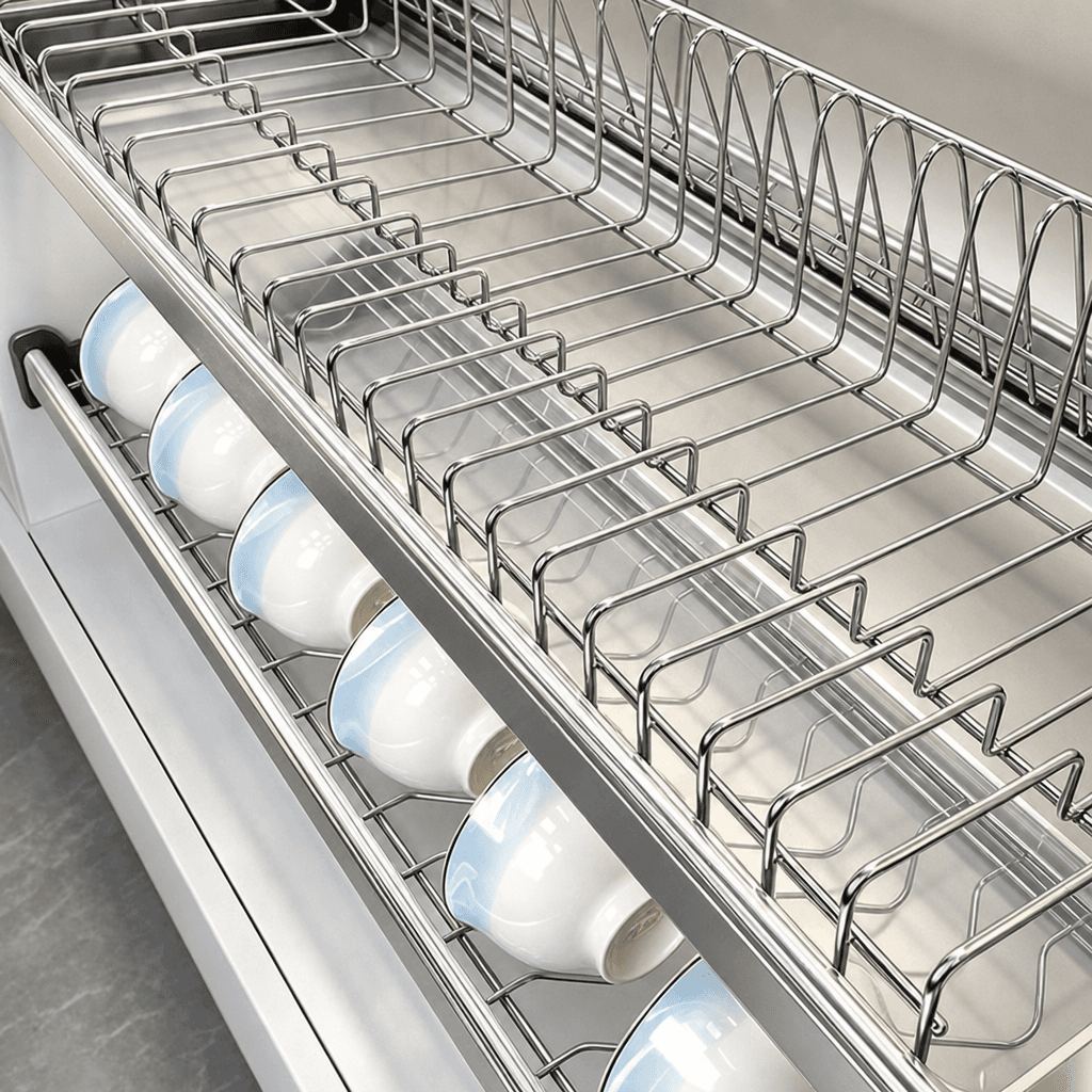 Stainless steel pull-out dish rack basket with plates