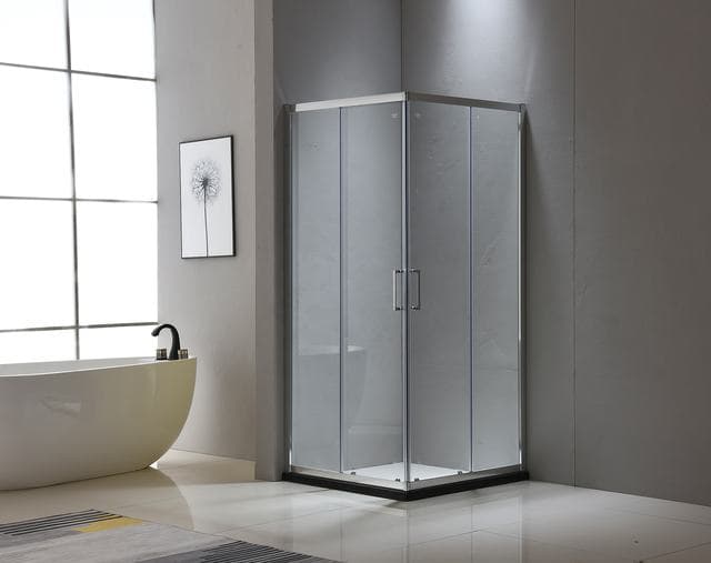Square shower enclosure with three glass sides and acrylic tray