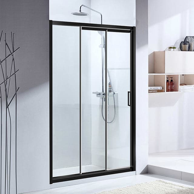 Triple sliding shower door with three glass panels on a black aluminium frame