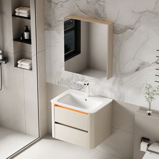 Wall-hung bathroom vanity with an integrated ceramic basin and two soft-close drawers