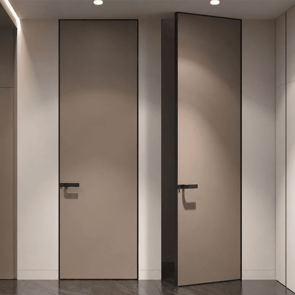 Frameless interior door with a concealed hinge in a plain finish